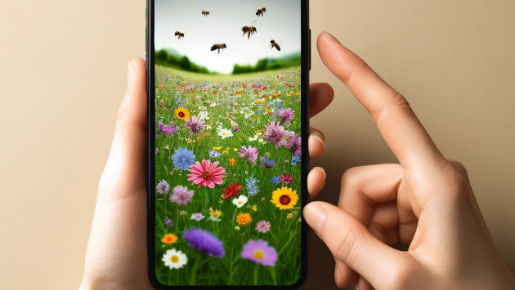 Handy mit Foto von Blumenwiese und Bienen darauf